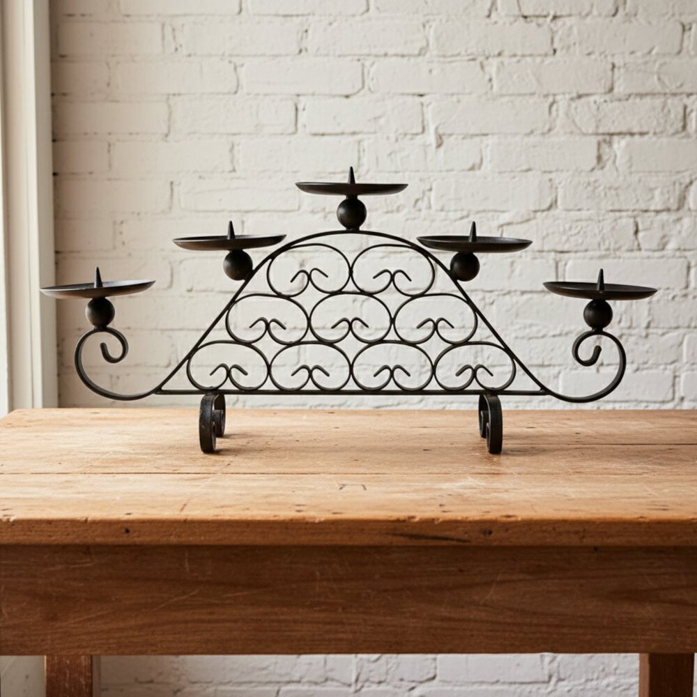 Wrought Iron 5-Light Candelabra Centerpiece Scroll Gray Metal Candle Holder MCM